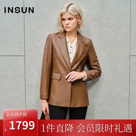 恩裳2023秋装新款干练西装领质感挺括舒适透气羊皮皮衣美拉德外套商品大图