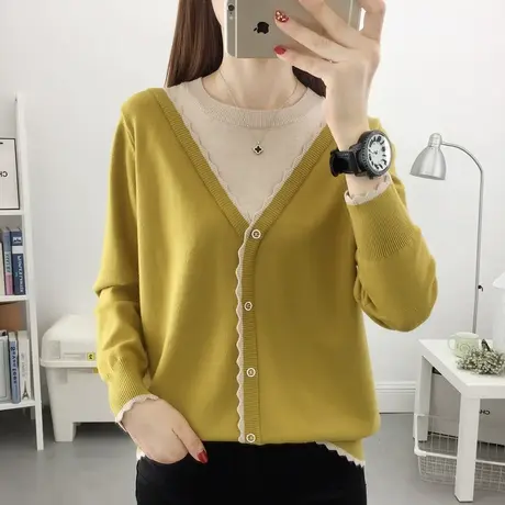 假两件初春2023年新款花边拼色套头毛衣女短款针织打底衫洋气百搭商品大图