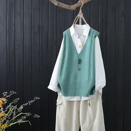 针织背心女马夹春秋装新款坎肩宽松V领无袖毛衣马甲毛针织衫上衣商品大图