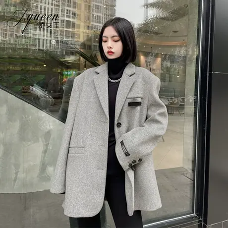 毛呢外套女冬季复古中长款宽松显瘦休闲百搭保暖羊绒呢子西装大衣商品大图