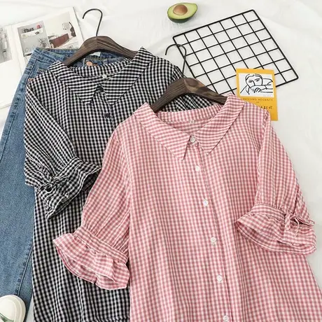 2020夏季新款日系文艺小清新喇叭短袖格子衬衫女学生宽松半袖上衣图片