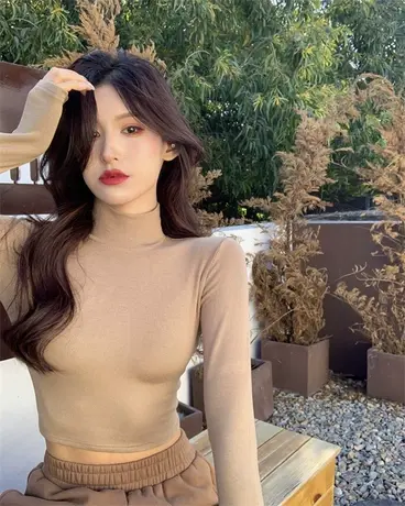 半高领打底衫女内搭早秋紧身短款螺纹长袖针织T恤咖色性感上衣潮商品大图