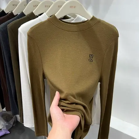 欧货刺绣长袖T恤女加绒2022秋冬新款洋气百搭柔软内搭打底衫上衣商品大图