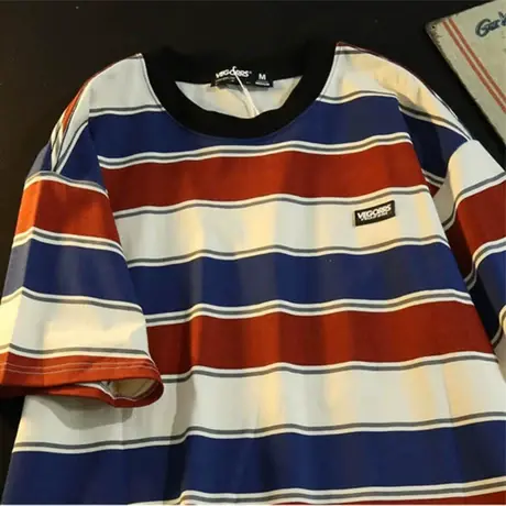 港风复古撞色条纹设计感短袖t恤女夏季新款ins潮bf风半袖宽松上衣商品大图