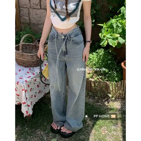PPHOME妥妥大长腿~高个子复古高腰宽松抽绳宽松阔腿牛仔直筒长裤商品大图