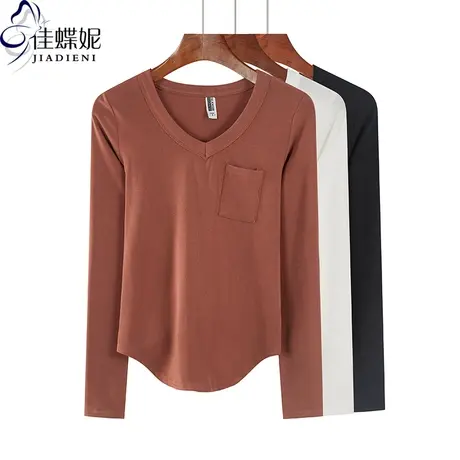 秋冬新款韩版V领下摆圆弧纯棉修身纯色长袖体恤上衣内搭女打底衫图片