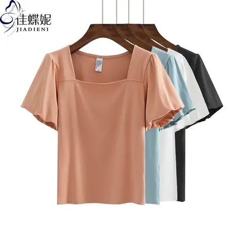 夏季新款韩版纯白修身显瘦方领荷叶边短袖体恤上衣女装T恤泡泡袖图片