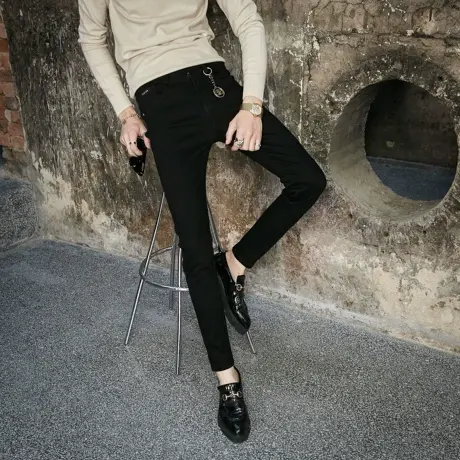 四季百搭个性金属挂饰纯黑牛仔裤男韩版修身小脚裤青年潮流铅笔裤商品大图