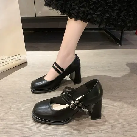 气质优雅配裙子小皮鞋女2023年春夏新款百搭中跟粗跟法式玛丽珍鞋商品大图