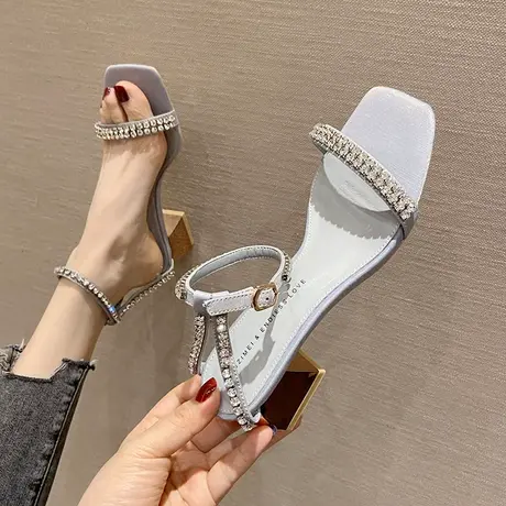 一字带粗跟凉鞋女仙女风2021夏季新款罗马水钻百搭方头露趾高跟鞋商品大图