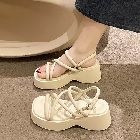欧洲站时尚一字扣带厚底松糕罗马凉鞋女2023夏季今年新款增高显瘦图片