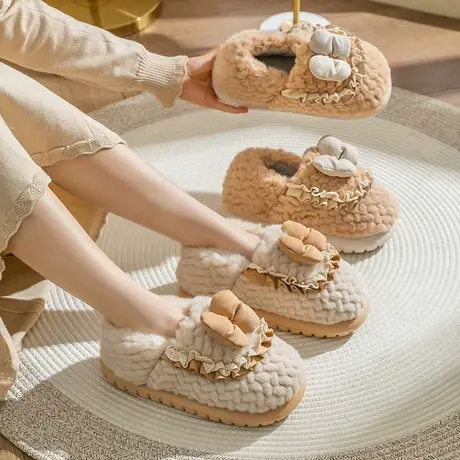 棉拖鞋女冬季情侣室内居家可爱蝴蝶结防滑厚底包跟毛绒保暖棉鞋男商品大图