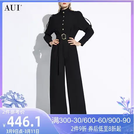 AUI黑色气质高级感阔腿连体裤女2024早春新款收腰显瘦立领连体衣商品大图