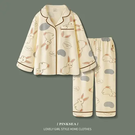 Pinksea睡衣女春秋可爱纯棉长袖家居服新款秋冬季翻领女士套装商品大图