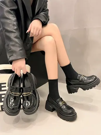 一脚蹬厚底乐福鞋女2024新款春季黑色松糕鞋粗跟日系英伦风小皮鞋商品大图