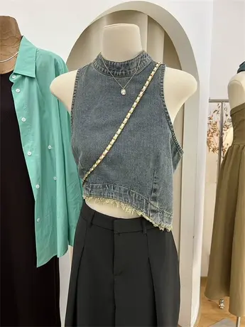 牛仔背心女外穿短款夏季新款毛边设计感辣妹复古无袖性感小吊带上图片
