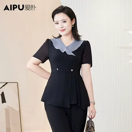 爱朴大码女装2024年夏季新款胖mm显瘦衬衫薄款短袖减龄荷叶边上衣图片