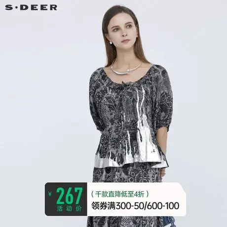 sdeer圣迪奥女装夏季上衣休闲圆领短袖女小众设计感衬衫S21280422商品大图