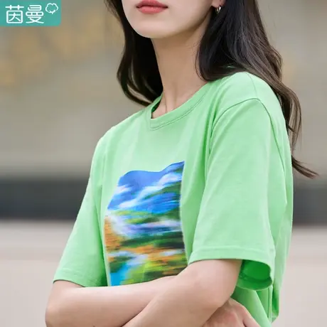 茵曼旗舰店印花T恤女士2023夏季新款休闲圆领宽松纯棉短袖上衣商品大图
