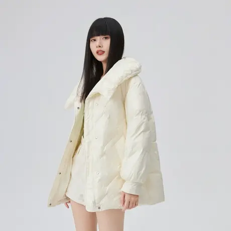 艾莱依蝴蝶领短款羽绒服女2022年新款时尚珍珠设计感光泽鸭绒外套商品大图