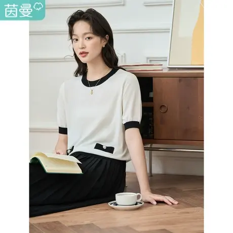 茵曼冰爽丝凉感针织衫2023夏女装新款撞色圆领短袖百搭显瘦上衣商品大图