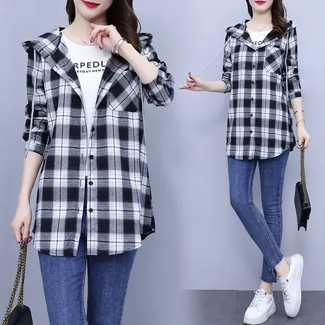 大码格子长袖衬衫女中长款上衣2023秋季新款连帽外套减龄时尚衫衣商品大图