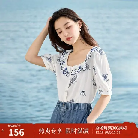 【商场同款】茵曼复古衬衫2023夏季女装新款方领镂空绣花短袖上衣商品大图