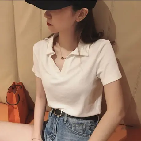 辣妹polo领正肩短袖t恤女装夏季设计感小众修身短款独特别致上衣商品大图