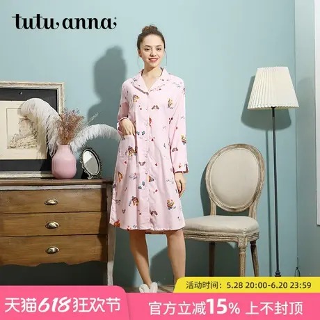 tutuanna睡裙女全棉秋冬少女卡通薄款翻领前扣连衣裙长袖中裙商品大图