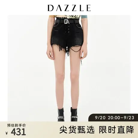 DAZZLE地素奥莱 春季黑色绑带毛边破洞牛仔短裤女图片