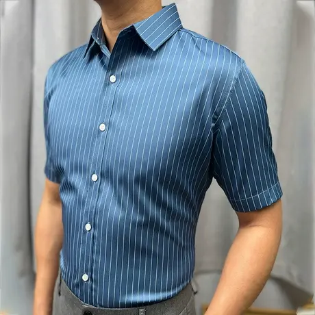 Seno丝光灰蓝条纹短袖衬衫男修身商务休闲夏季免烫抗皱韩版衬衣商品大图