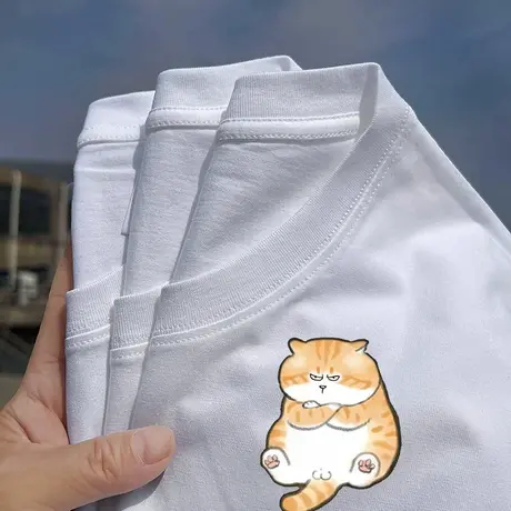 秀洛小动物生气系列大橘肥胖橘猫咪短袖T恤男半袖打底衫纯棉宽松图片