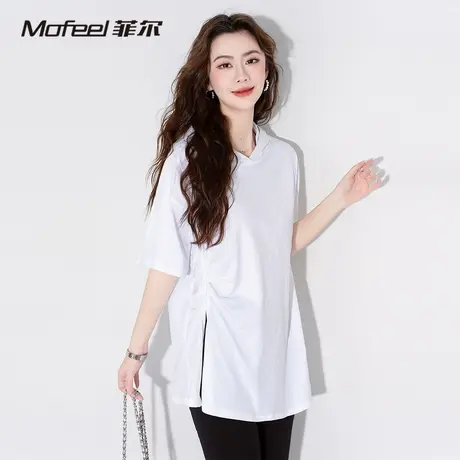 MF真维斯女装2024夏季新款纯棉时尚设计感开叉中长款短袖连帽T恤商品大图