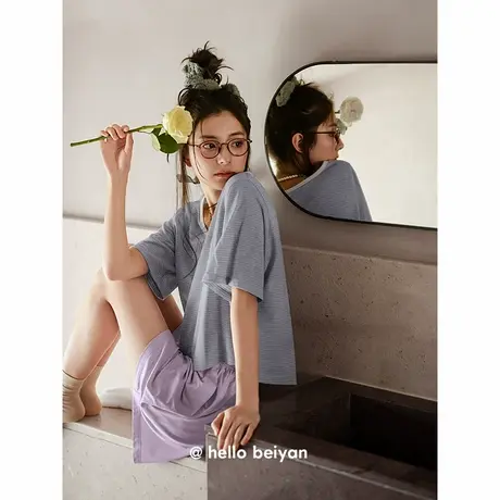 贝妍睡衣女夏季短袖凉感莫代尔棉套装时尚短款少女可外穿显瘦套装商品大图