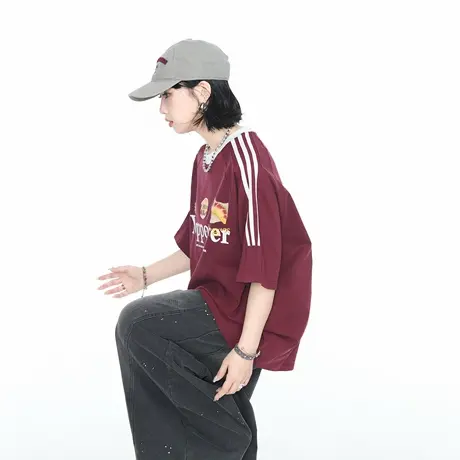 2025夏季新款撞色条纹印花短袖T恤女宽松美式街头风情侣款上衣潮商品大图