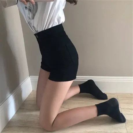 女夏2019新款紧身弹力热裤百搭包臀AA裤显瘦黑色高腰牛仔裤超短裤图片