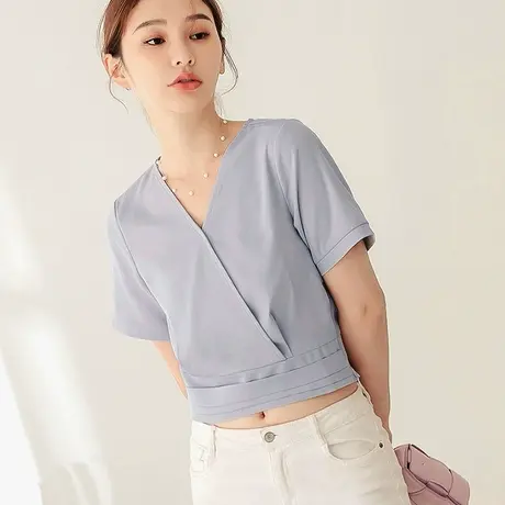 桔熊夏季炸街潮酷V领纯色短袖设计感露脐高腰短款上衣女装AB17347商品大图