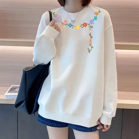 白色设计感印花卫衣女早秋季2025新款圆领套头上衣小个子显瘦外套商品大图