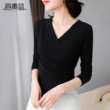 海青蓝黑色收腰衬衫女秋季2024新款时尚V领百搭小衫不规则打底衫商品大图