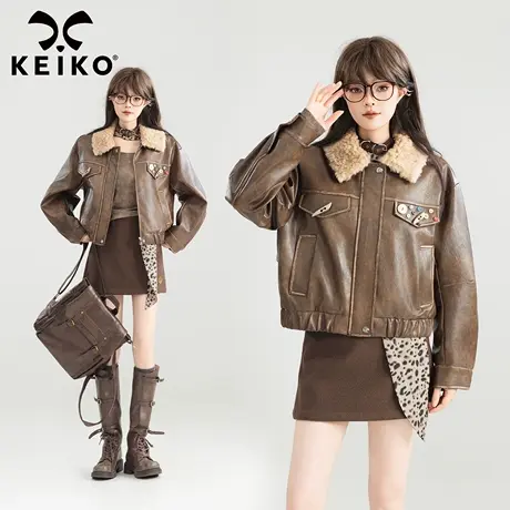 KEIKO [夹棉] 复古翻领棕色短款皮衣外套秋冬设计感做旧PU皮夹克商品大图