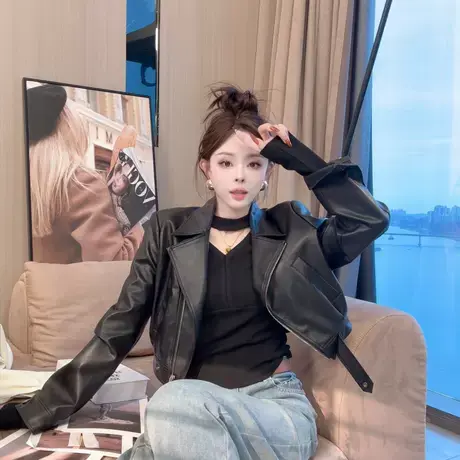 斜拉链短款小皮衣女2025春季新款高级感气质百搭显瘦机车夹克外套商品大图