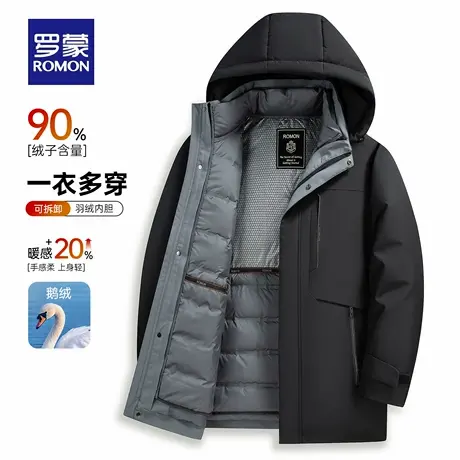 【一衣五穿+鹅绒】罗蒙男士百搭中长款羽绒服2025冬季新款外套男商品大图