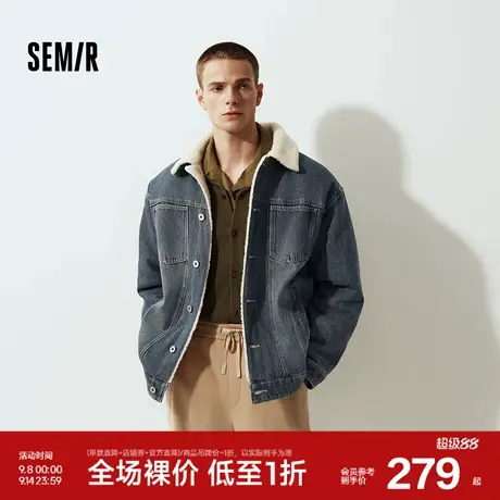 森马牛仔外套男冬季棉服2025新款街头复古做旧仿羊羔毛翻领夹克潮商品大图