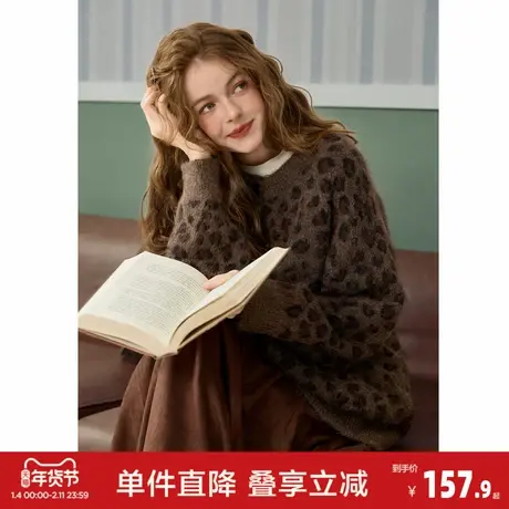 唐狮2026秋冬季毛衣外套女复古豹纹图案宽松圆领针织开衫高级感商品大图