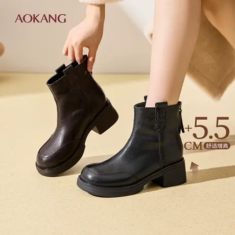 奥康 女鞋2025冬款时装靴时尚百搭方头增高侧拉链短靴门店发货图片