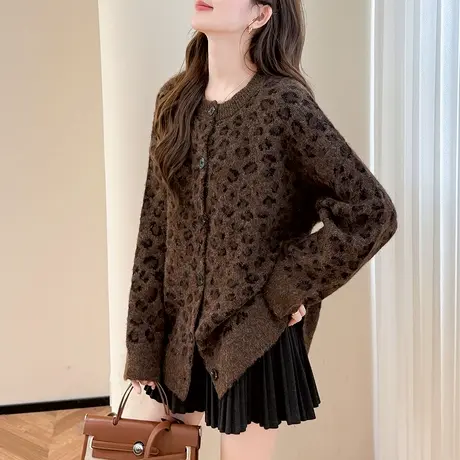唐狮秋冬季毛衣外套女复古豹纹图案宽松圆领针织开衫高级感TU图片