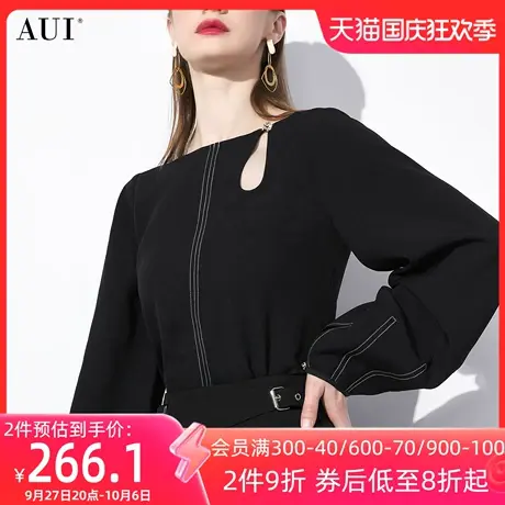 AUI黑色御姐气质炸街灯笼袖衬衫女2023秋新款高级感修身长袖衬衣图片