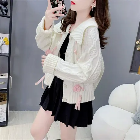 温柔重工立体花朵毛衣开衫女春秋甜美设计感洋气减龄针织外套上衣商品大图