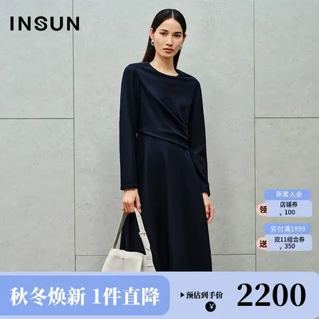 恩裳2023秋季新款气质醋酸针织裙腰节褶皱设计收腰A摆长袖连衣裙图片