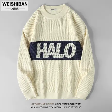 秋冬华夫格保暖针织衫男士潮流ins青年百搭宽松圆领毛衣休闲线衣图片